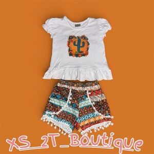 White Ruffle Top and Colorful Patterned Shorts Set